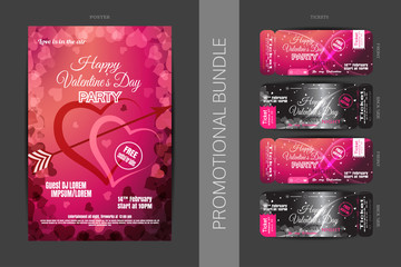 Vector Happy Valentine's Day night party promotional bundle of gradient red and pink poster and tickets with hearts on the dark gray background.