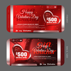 Naklejka premium Vector Happy Valentine's Day gift voucher on the red gradient background with hearts, waves and stars.