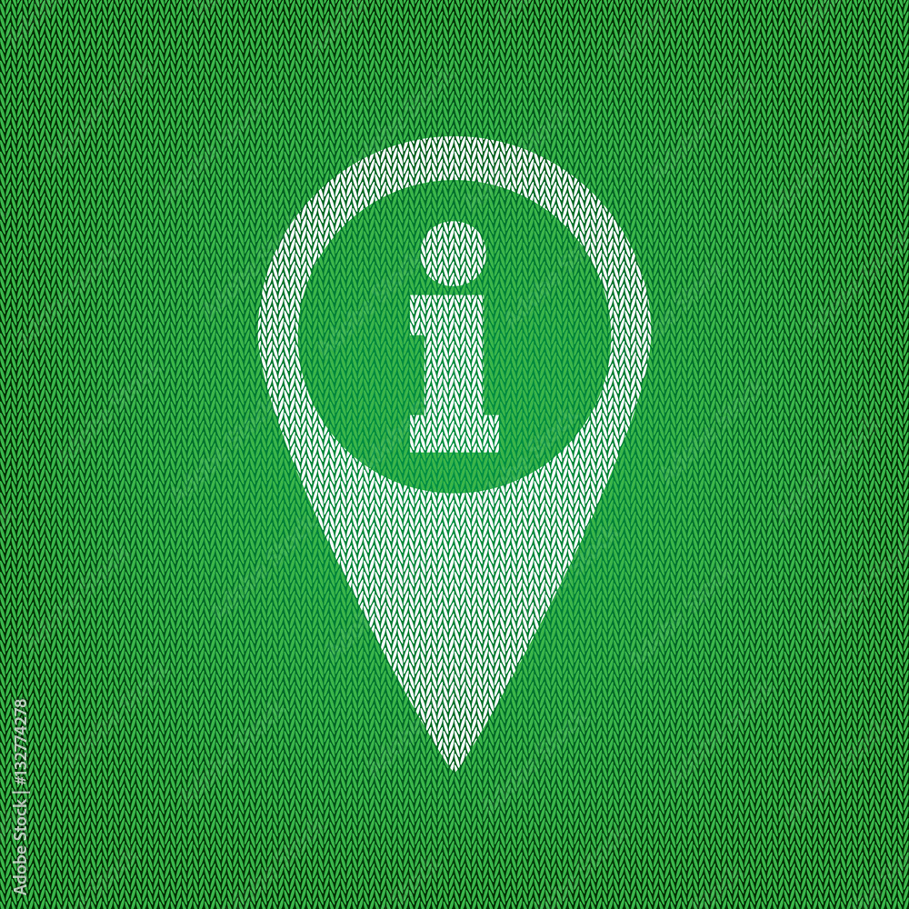Poster map pointer with information sign. white icon on the green knitw