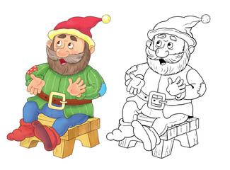 The Snow White and seven dwarfs. Fairy tale. A cute dwarf. Coloring page.  Funny cartoon characters