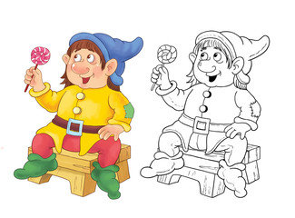 The Snow White and seven dwarfs. Fairy tale. A cute dwarf. Coloring page.  Funny cartoon characters