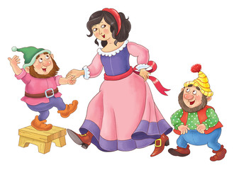 The Snow White and seven dwarfs. Fairy tale. Coloring page.  Cute Snow White dancing with dwarfs