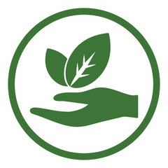 plant leaf in hand arm eco bio care icon simple green in circle
