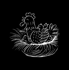 Hen with chickens sitting in a basket. Sketchy style.