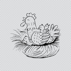 Hen with chickens sitting in a basket. Sketchy style.