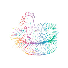 Hen with chickens sitting in a basket. Sketchy style.