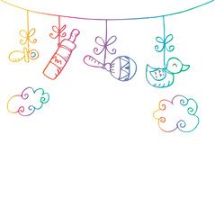 Newborn baby boy hanging baby symbols arrival with sketchy style.