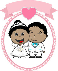 cartoon illustration of afroamerican bride and groom with white suit on round frame whit heart and empty banner isolated on white background, ideal for funny wedding invitation