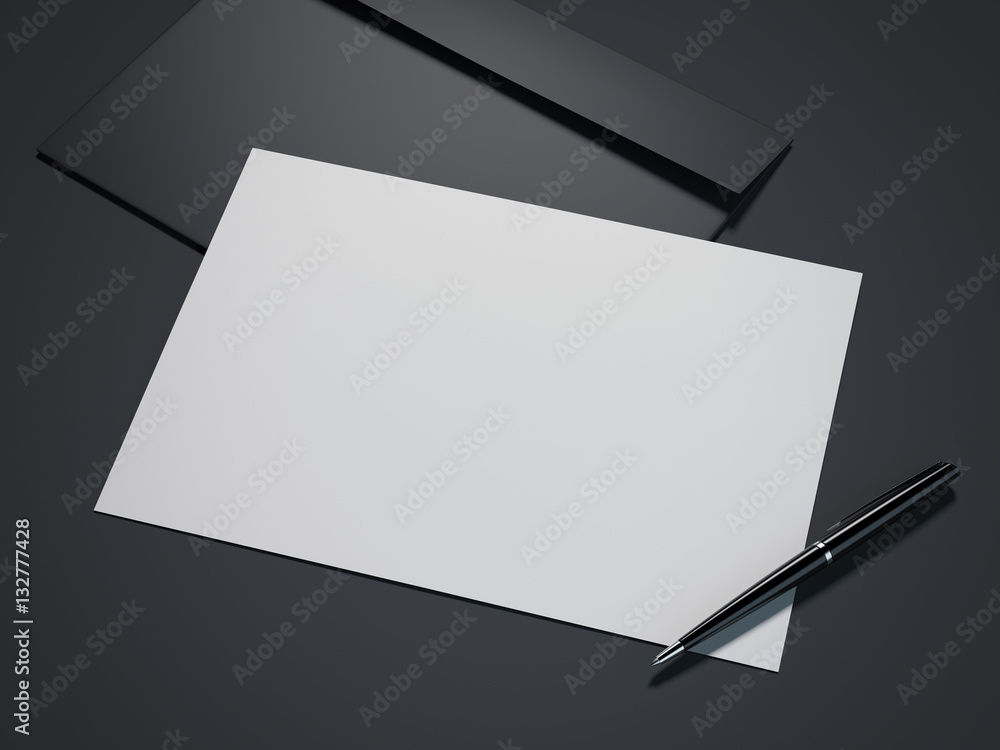 Poster black envelope with blank paper sheet and pen. 3d rendering