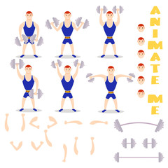 Cartoon man dumbbells exercises squat, deadlift, overhead press. Cute athlete. character creation set. icons with different types of faces, emotions. Male person in different poses. Moving arms, legs