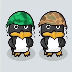 Two penguin in the military helmet standing on blue ice