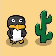 Arctic penguin standing on sand in the desert and is looking at