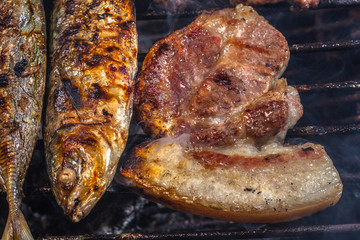 beside the street a small restaurant bbq sea food and pork for sale to tourist