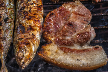 beside the street a small restaurant bbq sea food and pork for sale to tourist
