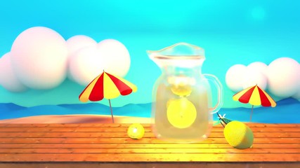 3D Refreshing ice cold lemonade in glass jar on wooden table. Beautiful ocean, beach, blue sky and clouds background. Relaxing summer vacation. Summertime Theme Cartoon Animation. - Powered by Adobe