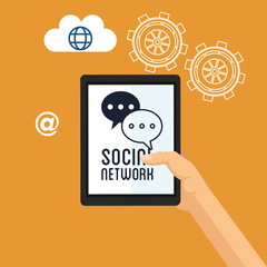 hand hold tablet social network team gear cloud vector illustration eps 10