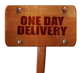 one day delivery, 3D rendering, text on wooden sign