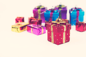 Gift box on white back ground. Retro vintage filter effect.