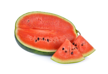 half and portion cut red watermelon on white background