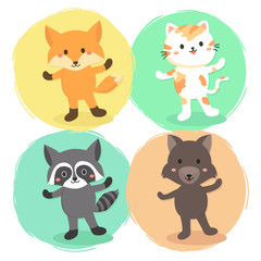 Cute Standing Animal Set Fox, Cat, Raccoon, and Wolf vector illustration cartoon