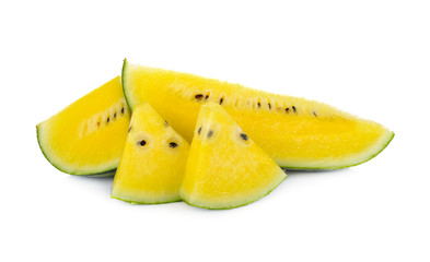 portion cut yellow watermelon on white background