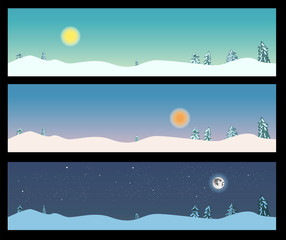 Winter landscape banners, day time, sunset, night time,, cartoon style, vector eps10 illustration