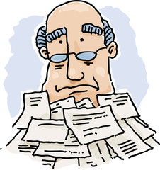 A cartoon man's head poke out from under a pile of paperwork.