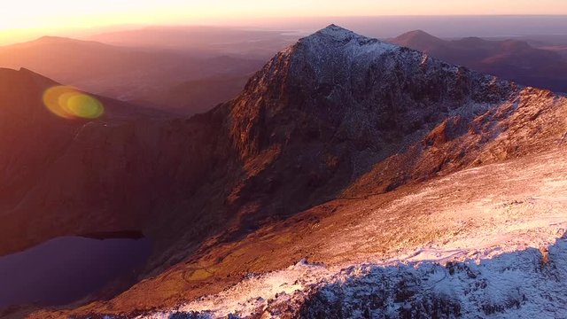 Beautiful aerial reveal of Mount Snowdon and Crib Goch ridge.