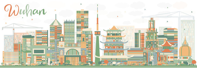 Abstract Wuhan Skyline with Color Buildings.
