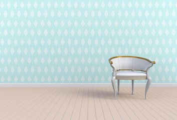 Neutral interior with chair on empty blue wall background, 3D rendering