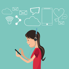 girl using smartphone headphones social media background vector illustration eps 10