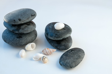 Large round stones and seashells on a white background 