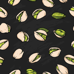 Pistachios pattern including seamless on black background. Hand