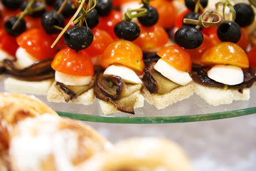tomato with cheese  and eggplant rolls on plate