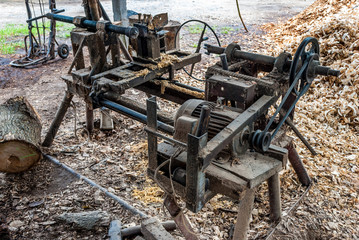 Fototapeta na wymiar Old Home Made Wood Lathe Machine in Countryside of Thailand