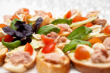 Tasty snacks with eggs, tomato and pate