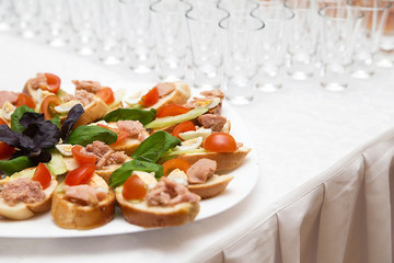 Tasty snacks with eggs, tomato and pate