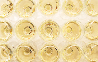 Glasses of white wine at the Banquet. Top view
