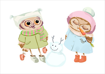 Совы со снеговиком