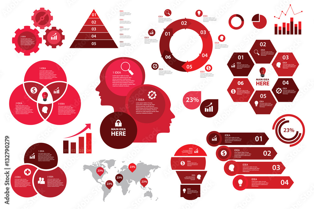 Poster infographic set red color scheme business graph arrow elements chart visualization