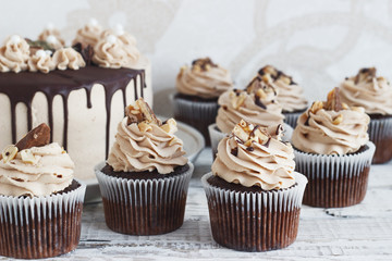 Chocolate cupcake with mousse cream icing on grunge white wooden background copy space