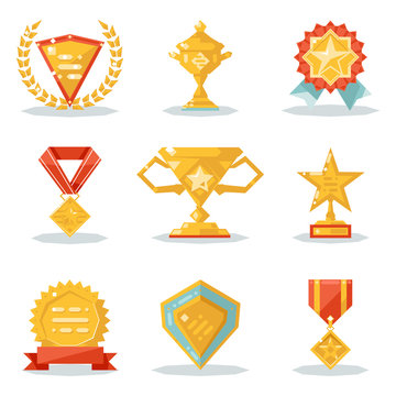 Gold Awards Win Symbols Trophy Isolated Polygonal Icons Set Flat Design Vector Illustration