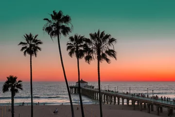 Papier Peint photo autocollant Jetée Manhattan Beach et Pier sur le coucher du soleil en Californie du Sud à Los Angeles. Vintage traité. Voyage de mode et concept de plage tropicale.