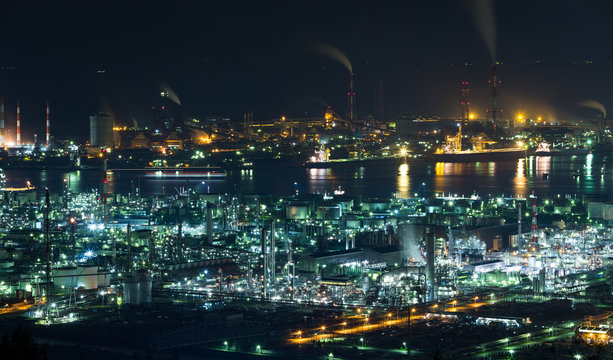 Mizushima coastal industrial area in Japan at night