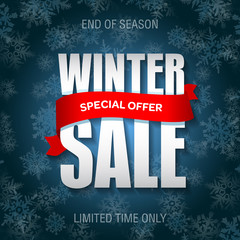 Winter sale badge, label, promo banner template. Special winter sale offer text on red ribbon.