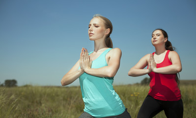 two women doing yoga outdoors photo yoga shows poses