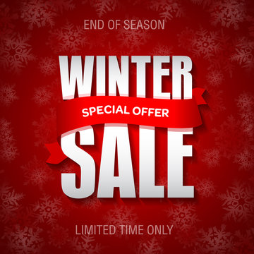 Winter sale badge, label, promo banner template. Special winter sale offer text on red ribbon.