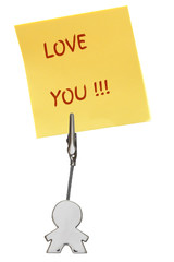 Man Figure Business Card Holder with yellow paper note LOVE YOU