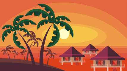 Bungalows on the ocean surrounded by tropical plants. South sea landscape. Vector background. Flat design.