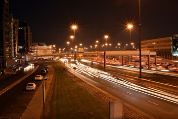 Fototapeta na wymiar Heavy traffic in Dubai-Sharjah road, Al Ittihad road in rush hour, Dubai, United Arab Emirates